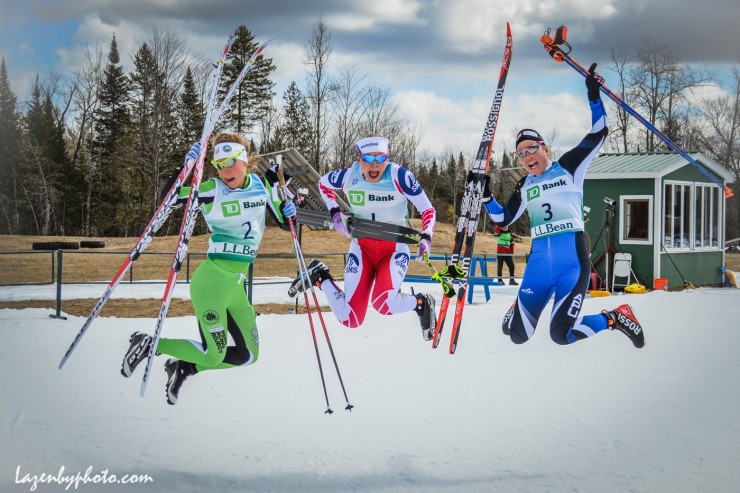 The top three women in the SuperTour Finals classic sprint on Tuesday jump for joy: with winner Jessie Diggins (c), runner-up Ida Sargent (l) and third-place finisher Rosie Brennan (r). All three women are on the U.S. Ski Team but raced for their respective clubs in Craftsbury, Vt. (Photo: John Lazenby/Lazenbyphoto.com)
