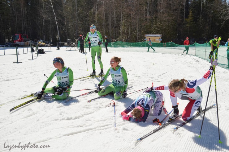 The top finishers shortly after the women's 30 k classic mass start at 2016 U.S. Distance Nationals in Craftsbury, Vt., on Saturday, March 26. Jessie Diggins (r) with Liz Stephen (second from r), and Craftsbury's Caitlin Patterson (l), Kaitlynn Miller (second from l) and Ida Sargent (c), all of which finished in the top five. (Photo: John Lazenby/Lazenbyphoto.com)