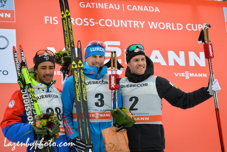 The men's freestyle sprint podium at the first stage of the Ski Tour Canada with Russian winner Sergey Ustiugov (c), France's Richard Jouve (l) in second and American Simi Hamilton (r) in third. (Photo: John Lazenby/Lazenbyphoto.com)