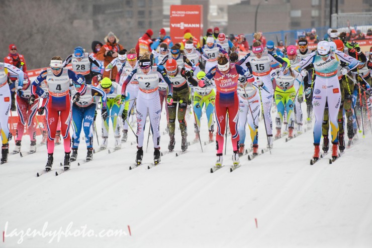 The start of the women's 10.5 k classic mass start at Stage 2 of the Ski Tour Canada on Wednesday in Montreal, Quebec, with (from left to right, front row) Norway's Ingvild Flugstad Østberg (4), American Jessie Diggins (2), Norway's Maiken Caspersen Falla (red leader's bib), and Sweden's Stina Nilsson leading the pack out. (Photo: John Lazenby/Lazenbyphoto.com) 