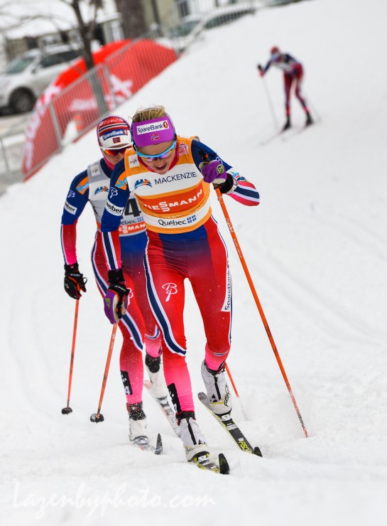 Therese Johaug leads fellow Norwegian Astrid Uhrenholdt Jacobsen early in the women's 10.5 k classic mass start while another Norwegian, Heidi Weng chases in third. (Photo: John Lazenby/Lazenbyphoto.com)