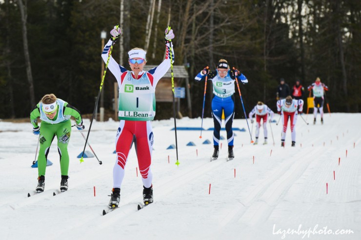 Jessie Diggins (1), racing for the Stratton Mountain School T2 Team, winning the women's classic sprint final at SuperTour Finals on Tuesday by 0.73 seconds over Ida Sargent (l) of the Craftsbury Green Racing Project. (Photo: John Lazenby/Lazenbyphoto.com)