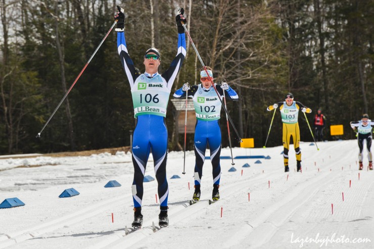 Erik Bjornsen (106) celebrates his classic sprint victory on Tuesday at SuperTour Finals in Craftsbury, Vt., after holding off APU teammate Reese Hanneman by 1.28 seconds. Logan Hanneman completed the APU podium sweep in third, 4.35 seconds back. (Photo: John Lazenby/lazenbyphoto.com)