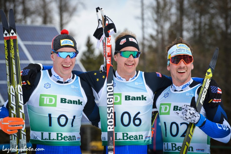 The APU men swept the classic sprint podium at SuperTour Finals on Tuesday in Craftsbury, Vt. Erik Bjornsen (c) led the team in first, ahead of brothers Reese (r) and Logan Hanneman (l) in second and third, respectively. (photo credit: John Lazenby/lazenbyphoto.com)