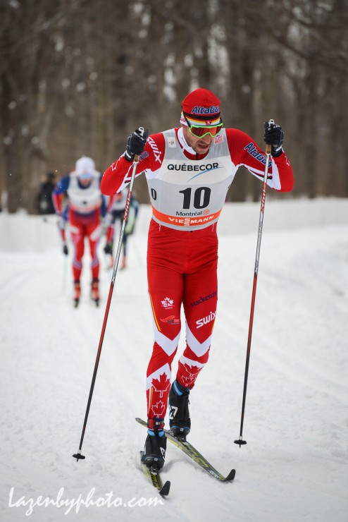 Canada's Alex Harvey racing to ninth in the second stage of the Ski Tour Canada, the men's 17.5 k classic mass start, on Wednesday in Montreal, Quebec. (Photo: John Lazenby/Lazenbyphoto.com)