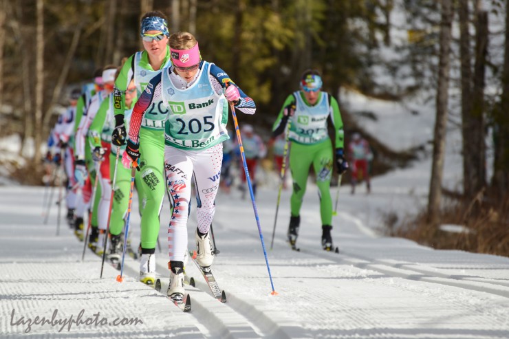 Liz Stephen (U.S. Ski Team) leads Caitlin Patterson (Craftsbury Green Racing Project) and the rest of the chase pack, including Kaitlynn Miller (r), during the women's 30 k classic mass start at U.S. Distance Nationals on Saturday in Craftsbury, Vt. (Photo: John Lazenby/Lazenbyphoto.com)