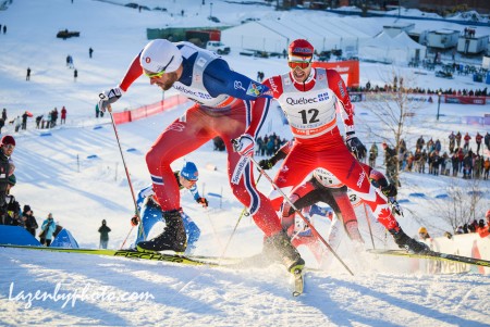 Norway's Petter Northug leads Canada's Alex Harvey during the second semifinal of the men's 1.7 k freestyle sprint at the Ski Tour Canada in Quebec City. Harvey won that heat, by 0.14 seconds ahead of Northug, and Harvey went on to place second in the final while Northug was fourth overall. (Photo: John Lazenby/Lazenbyphoto.com)
