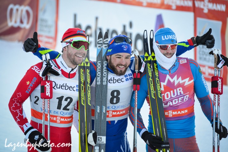 The men's freestyle sprint podium at Stage 3 of the Ski Tour Canada in Quebec City, with (from left to right), runner-up Alex Harvey of Canada, winner Baptiste Gros of France, and Russia's Sergey Ustiugov in third. (Photo: John Lazenby/Lazenbyphoto.com)