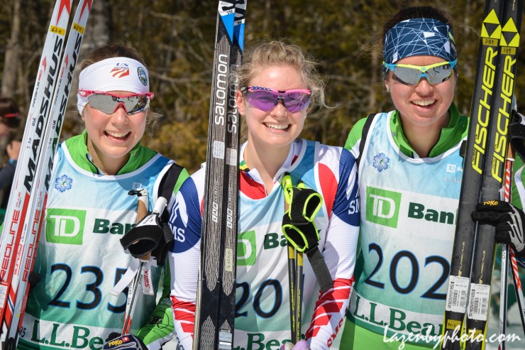 The women's 30 k classic podium at 2016 U.S. Distance Nationals, with winner Jessie Diggins (c), of the SMST2 Team, and Craftsbury's Ida Sargent (l) and Caitlin Patterson (r) in second and third, respectively. (Photo: John Lazenby/Lazenbyphoto.com)