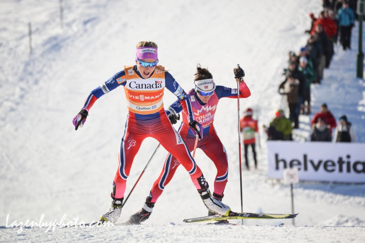 Norway's Therese Johaug leads teammate Heidi Weng up a climb during the women's 10 k freestyle pursuit at Stage 4 of the Ski Tour Canada in Quebec City. (Photo: FlyingPointRoad.com/NNF)