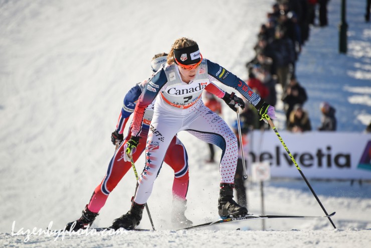 American Jessie Diggins leads Norway's Ingvild Flugstad Østberg up a climb during the women's 10 k freestyle pursuit at Stage 4 of the Ski Tour Canada in Quebec City. Diggins went on to place fifth as the first non-Norwegian while Østberg was sixth. (Photo: FlyingPointRoad.com/NNF)