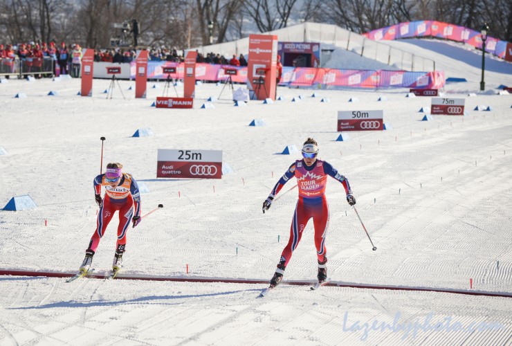 Heidi Weng (r) edging Norwegian teammate Therese Johaug by 0.1 seconds in the the women's 10 k freestyle pursuit at Stage 4 of the Ski Tour Canada in Quebec City. (Photo: FlyingPointRoad.com/NNF)