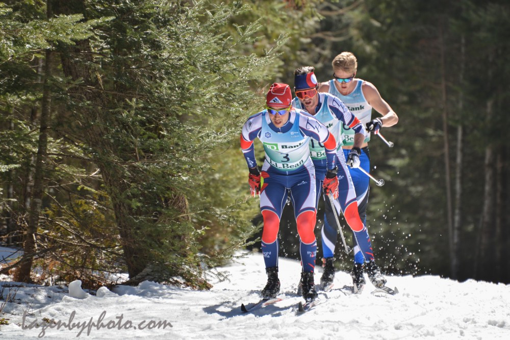 Left to right: Noah Hoffman of Ski and Snowboard Club Vail, Tad Elliott also of Ski and Snowboard Club Vail, and Erik Bjornsen of Alaska Pacific University during the men's 50 k at 2016 U.S. Distance Nationals on Saturday in Craftsbury, Vt. (Photo: John Lazenby/Lazenbyphoto.com)