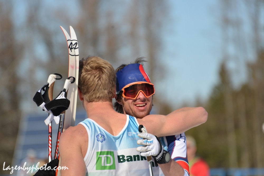 Second place finisher, Tad Elliott of Ski and Snowboard Club Vail (l) receives a hug from first place finisher, Erik Bjornsen of Alaska Pacific University after the  men's 50 k at 2016 U.S. Distance Nationals on Saturday in Craftsbury, Vt. (Photo: John Lazenby/Lazenbyphoto.com)