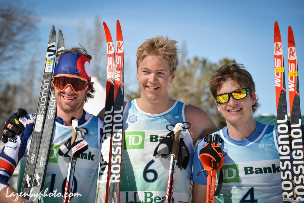 Race winner Erik Bjornsen (center) of Alaska Pacific University with secon place finisher Tad Elliott of Ski and Snowboard Club Vail (l) and third place finisher Daivd Norris of Alaska Pacific University after the men's 50 k at 2016 U.S. Distance Nationals on Saturday in Craftsbury, Vt. (Photo: John Lazenby/Lazenbyphoto.com)