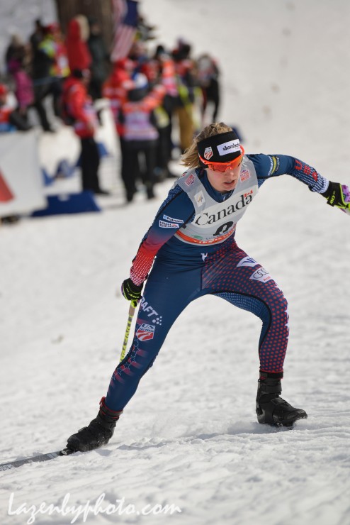 Jessie Diggins (U.S. Ski Team) racing to second in the women's 1.7 k freestyle sprint qualifier at Stage 1 of the Ski Tour Canada in Gatineau, Quebec. (Photo: John Lazenby/Lazenbyphoto.com) 