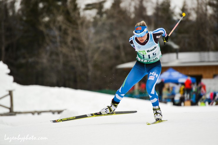 Finland's Riitta-Liisa Roponen racing to third in the women's 10 k freestyle on Monday at SuperTour Finals in Craftsbury, Vt. (Photo: John Lazenby/lazenbyphotos.com)