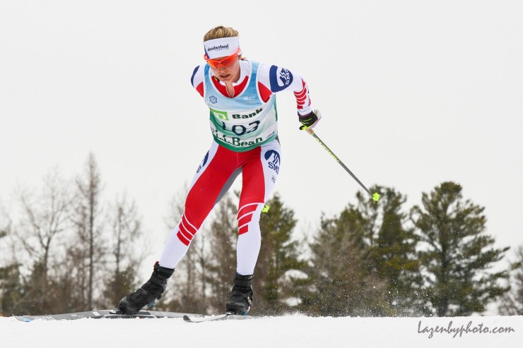 Jessie Diggins of the Stratton Mountain School (SMS) T2 Team and U.S. Ski Team (USST) powers through the women's 10 k freestyle en route to a victory on the first day of racing at SuperTour Finals in Craftsbury, Vt. (Photo: John Lazenby/Lazenbyphoto.com)