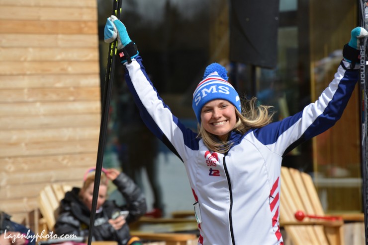 Jessie Diggins (Stratton Mountain School T2 Team/U.S. Ski Team) celebrates her win in the women's 10 k freestyle on the first day of U.S. SuperTour Finals on Monday in Craftsbury, Vt. (Photo: John Lazenby/Lanzenbyphoto.com)