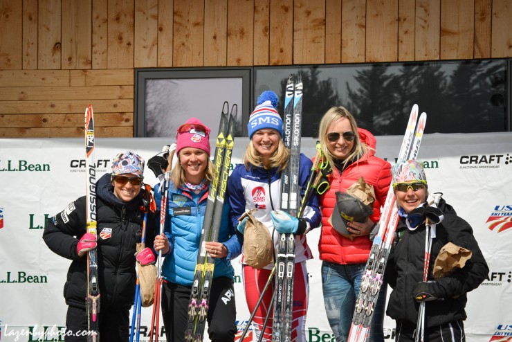 Jessie Diggins (c) of the Stratton Mountain School T2 Team and U.S. Ski Team topped the podium in the women's 10 k freestyle individual start on Monday, the first day of racing at U.S. SuperTour Finals in Craftsbury, Vt. Sadie Bjornsen (second from left) of APU/USST placed second and Finland's Riitta-Liisa Roponen (second from r) placed third. Chelsea Holmes (not pictured) was fourth, Liz Stephen (l) fifth and Ida Sargent (r) sixth. (Photo: John Lazenby/Lanzenbyphoto.com)
