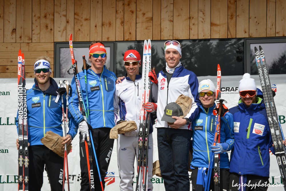 Left to right: Eric Packer of Alaska Pacific University (APU), Scott Pattersone (APU), Noah Hoffman of the U.S. Ski Team (USST) and Ski and Snowboard Club Vail (SSCV), Paddy Caldwell of Stratton Mountain School/USST, David Norris (APU)  and Tad Elliot (SSCV) after the men's 15 k freestyle individual start race at the U.S. SuperTour finals and U.S. Long Distance National Championships on Monday in Craftsbury Vt. (Photo: John Lazenby/Lazenbyphoto.com)