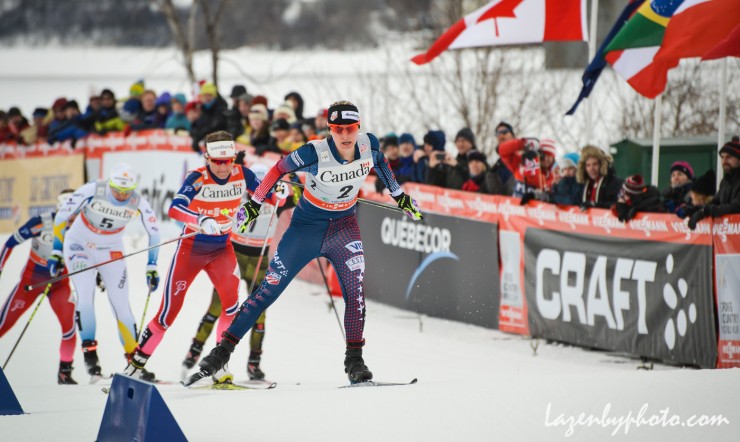 Jessie Diggins (U.S. Ski Team) leading Norway's Maiken Caspersen Falla during their semifinal in the 1.7 k freestyle sprint at the Ski Tour Canada in Gatineau, Quebec. Falla went on to win the heat and Diggins finished second to advance to the final, where they placed first and third, respectively. (Photo: John Lazenby/Lazenbyphoto.com)
