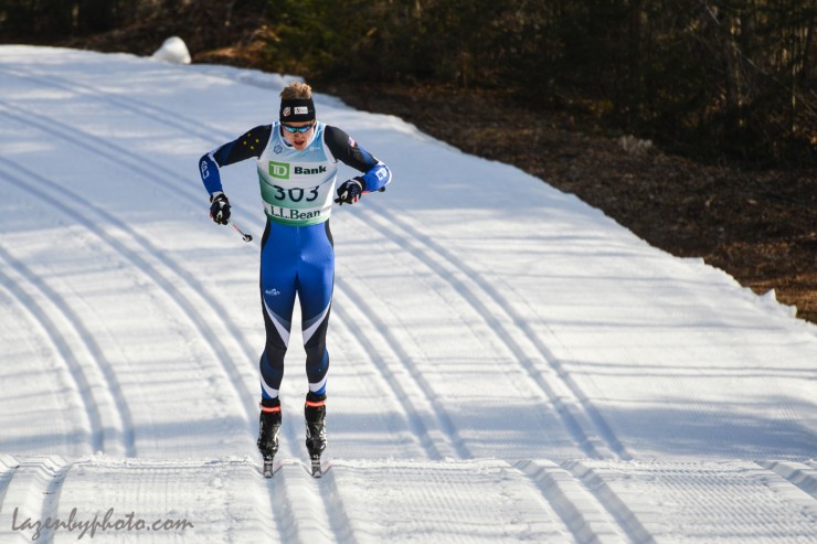 Logan Hanneman (APU) racing to a 0.71-second qualifying win in the men's classic sprint on Tuesday at SuperTour Finals in Craftsbury, Vt. (Photo: John Lazenby/Lazenbyphoto.com)