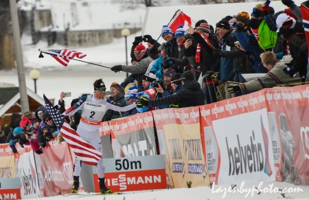 American Simi Hamilton during his "victory lap" after finishing in the top three of the men's freestyle sprint at the Ski Tour Canada World Cup stage in Gatineau, Quebec. (Photo: John Lazenby/lazenbyphoto.com)