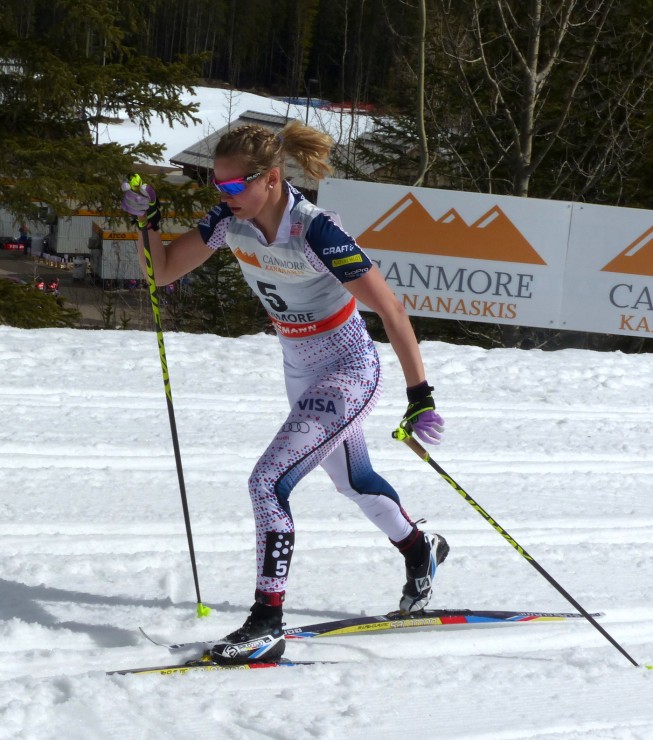 Jessie Diggins (U.S. Ski Team) racing to fifth in the overall 2016 Ski Tour Canada with the third-fastest time of day in the women's 10 k classic pursuit at the eighth and final stage of the tour in Canmore, Alberta. (Photo: Peggy Hung) 