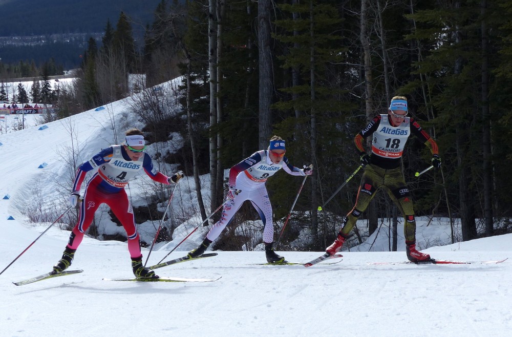 Norway's Maiken Caspersen Falla, American Sadie Bjornsen, and Germany's Nicole Fessel during the freestyle leg of the  women's 15 k skiathlon on Wednesday in Canmore Alberta. (Photo: Peggy Hung)