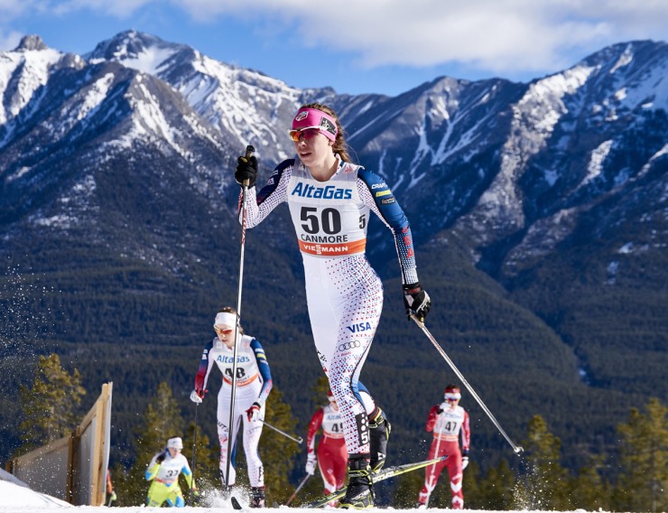 Americans Katharine Ogden (front) and Annie Hart (l) during the women's 15 k skiathlon on Wednesday in Canmore, Alberta. (Photo: Fischer/NordicFocus)