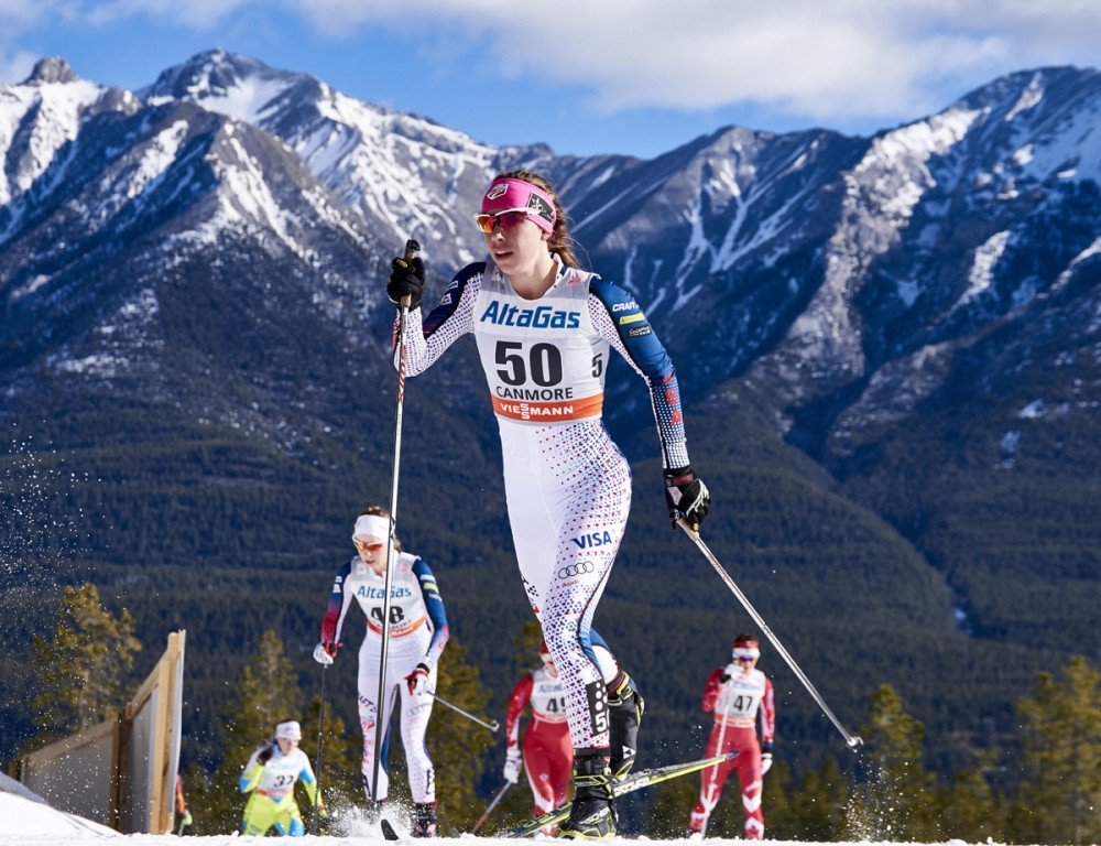 Americans Katharine Ogden (front) and Annie Hart (l) during the women's 15 k skiathlon in Canmore, Alberta, part of the World Cup Ski Tour Canada. (Photo: Fischer/NordicFocus)