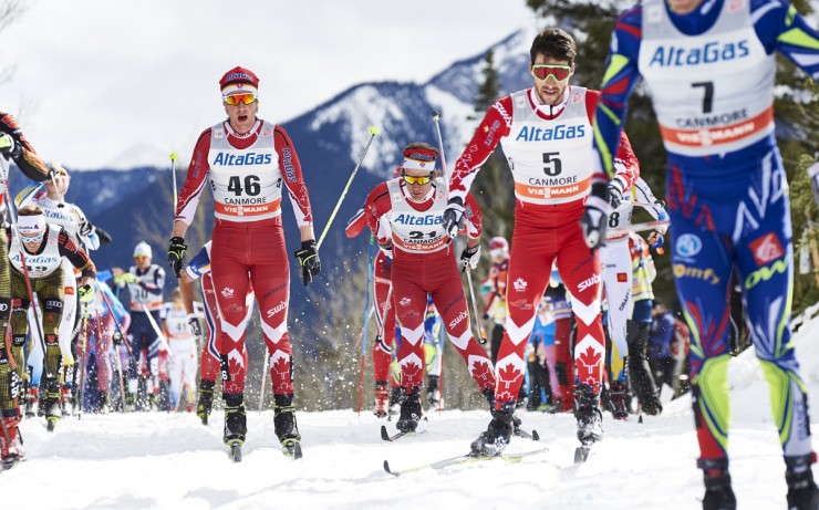 Canadians Graeme Killick , Devon Kershaw, and Alex Harvey, (l-r) during the men's 30 k skiathlon on Wednesday in Canmore, Alberta. (Photo: Fischer/NordicFocus)