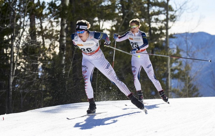 U.S. Ski Team members Jessie Diggins (l) and Ida Sargent (r) racing to fifth and 38th, respectively, during the women's 10 k freestyle at Stage 7 in Canmore, Alberta. (Photo: Fischer/NordicFocus)