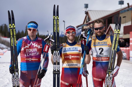 The men's 15 k classic pursuit podium: Russia's Sergey Ustiugov, Norwegians Martin Johnsrud Sundby and Petter Northug Jr., (l-r).(Photo: Fischer/Nordic Focus)