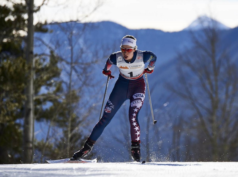 American Anne Hart leads the start of the women's10 k freestyle at Stage 7 of the Ski Tour Canada in Canmore, Alberta. (Photo: Fischer/NordicFocus) 