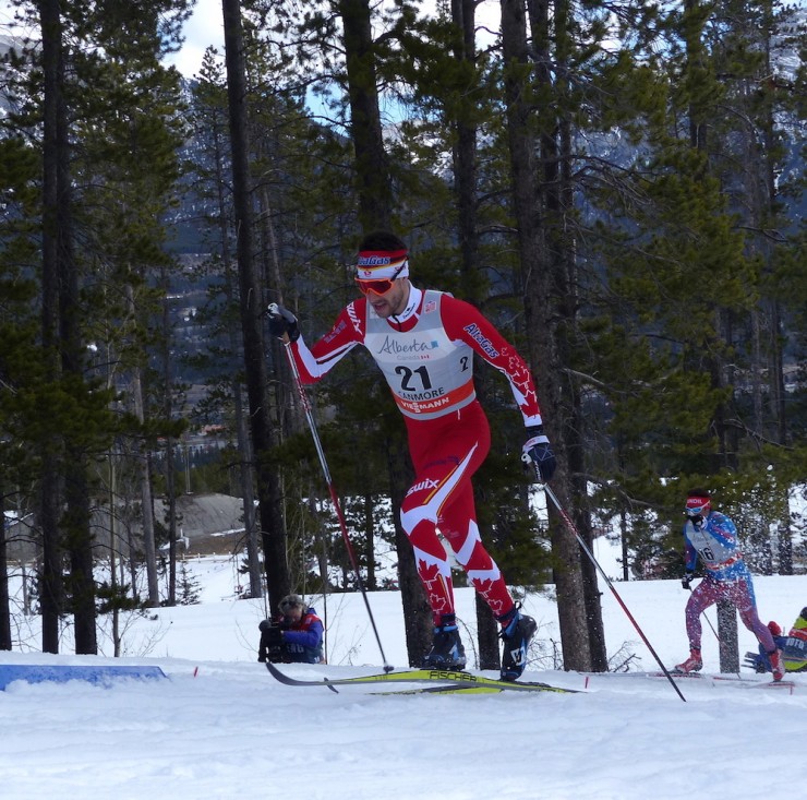 Alex Harvey racing to 14th in the qualifier at Tuesday's classic sprint in Canmore, Alberta. He went on to place 21st overall after being eliminated in the quarterfinals. (Photo: Peggy Hung)