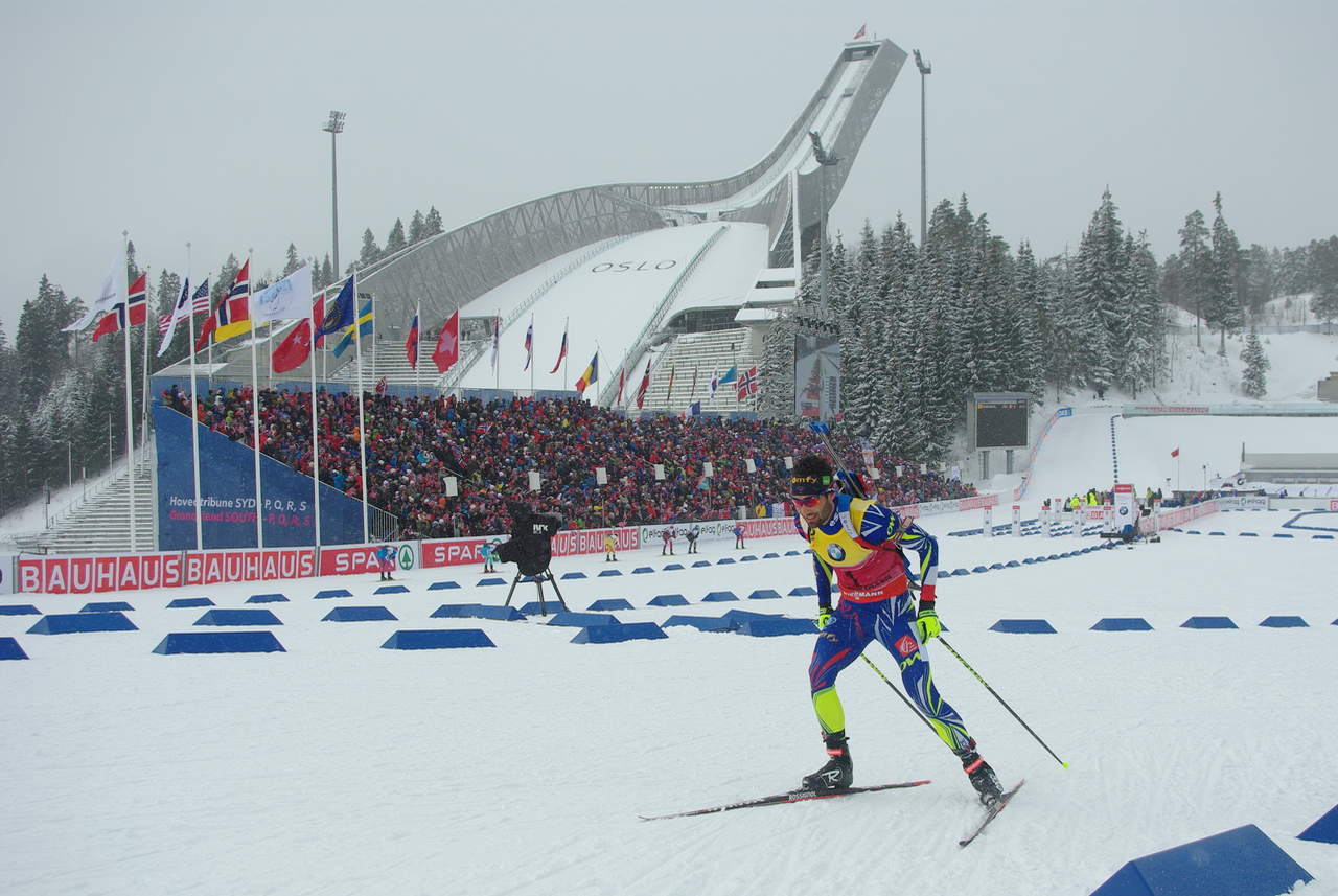 Martin Fourcade of France on course at Holmenkollen en route to a gold medal in the 12.5 k pursuit on Sunday.