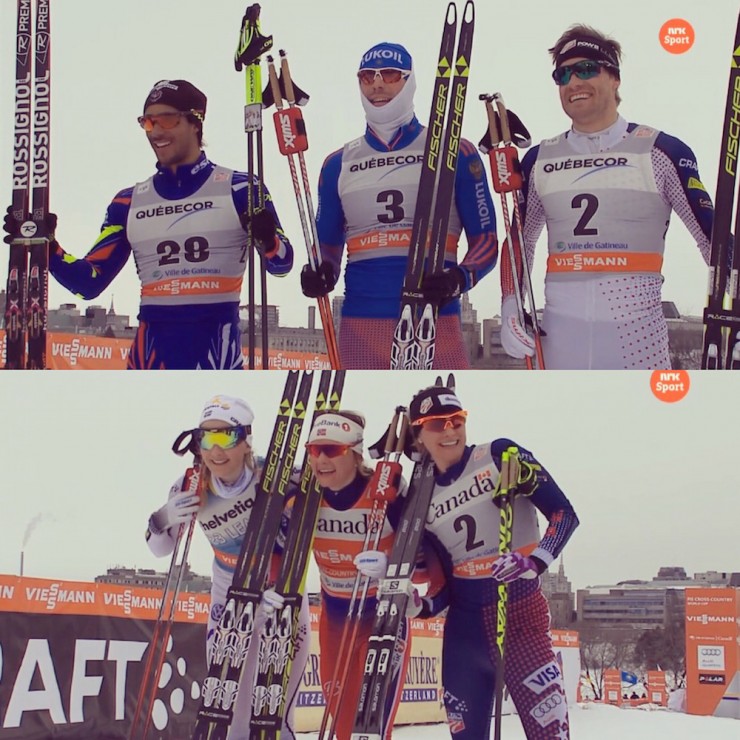 For the first time in cross-country World Cup history, a U.S. male and female reached the podium on the same day on Tuesday at the first stage of the Ski Tour Canada in Gatineau, Quebec. Simi Hamilton (top right) and Jessie Diggins (bottom right) both placed third in their respective men's and women's freestyle sprint finals. 