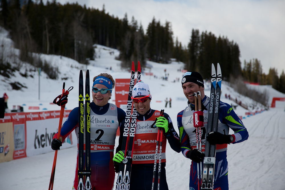 The men's top three (left to right) second place Erik Brandsdal (NOR), winner Federico Pellegrino (ITA), and third place finisher Maurice Manificat (FRA) after the the men's final 1.5 k classic sprint at the Ski Tour Canada on Tuesday in Canmore. 