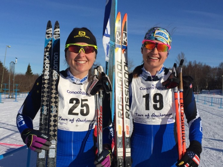 Holly Brooks (l) and Lauren Fritz, both APU, after placing first and second, respectively, at the Anchorage Tour in Kincaid Park on March 6. (Photo: Rob Whitney)