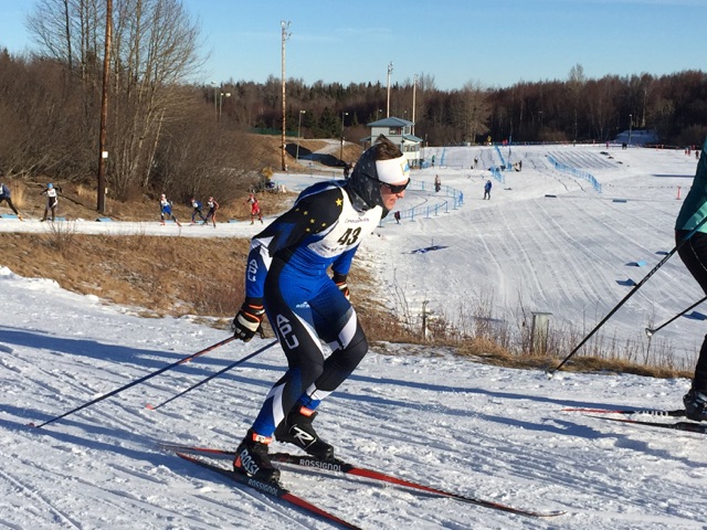 David Norris (APU) racing to his first Anchorage Tour win at Kincaid Park on March 6. (Photo: Rob Whitney)