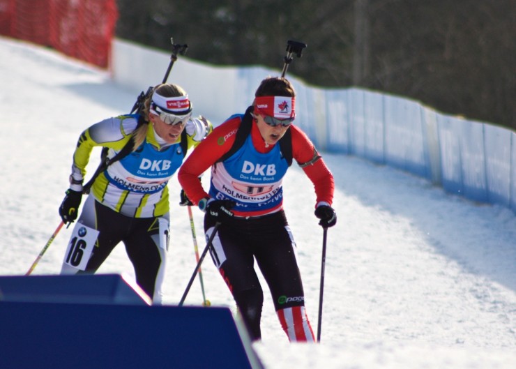 Julia Ransom (r) skied the first leg for the Canadian women in the 4 x 6 k relay at 2016 IBU World Championships in Oslo, Norway. The team went on to place 15th. (Photo: JoJo Baldus)
