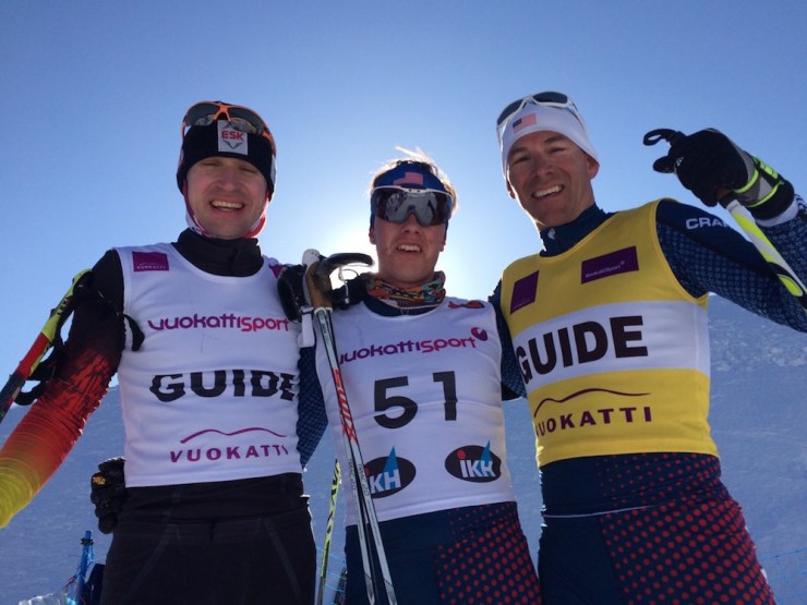 Jake Adicoff (c) and his two guides, U.S. Paralympics high-performance coach and director John Farra (r) and Germany's Florian Grimm. (Photo: U.S. Paralympics Nordic)