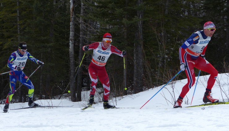 Canada's Graeme Killick (c) skiing with Norway's Niklas  Dyrhaug and France's Jean-Marc Gaillard. Killick finished 19th, tying a career best (from the 50 k classic at 2015 World Championships).  (Photo: Peggy Hung)