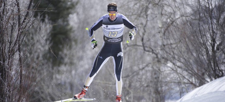Mads Strøm racing to the first of his two consecutive wins at 2016 NCAA Skiing Championships: Thursday's 10 k freestyle in Steamboat Springs, Colo. Strøm won the men's 20 k classic mass start on Saturday by 1.7 seconds. (Photo: CUBuffs.com)
