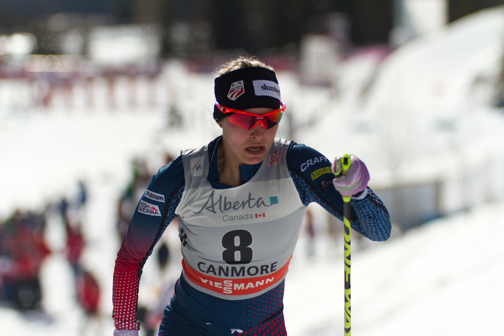 Jessie Diggins (U.S. Ski Team) strides to sixth in the Ski Tour Canada's Stage 5 classic sprint on Tuesday in Canmore, Alberta.
