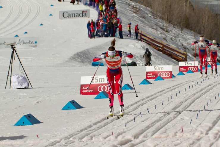  Norway's Maiken Caspersen Falla powers down the homestretch to win Tuesday's classic sprint final by 7 seconds over teammate Astrid Uhrenholdt Jacobsen (behind) at Stage 5 of the Ski Tour Canada in Canmore, Alberta.