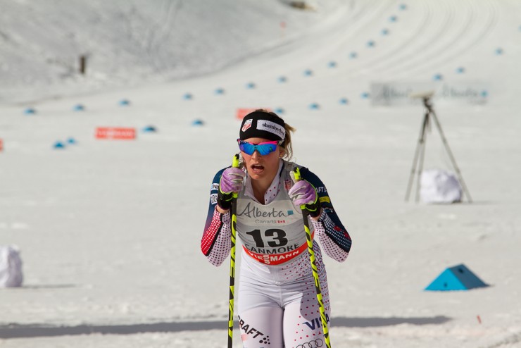 Jessie Diggins after finishing sixth in Tuesday's classic sprint final in Canmore, Alberta, for her career best in a World Cup classic sprint. With three stages to go in the Ski Tour Canada, Diggins ranks sixth overall. (Note: Diggins changed her suit between the qualifier and the heats)