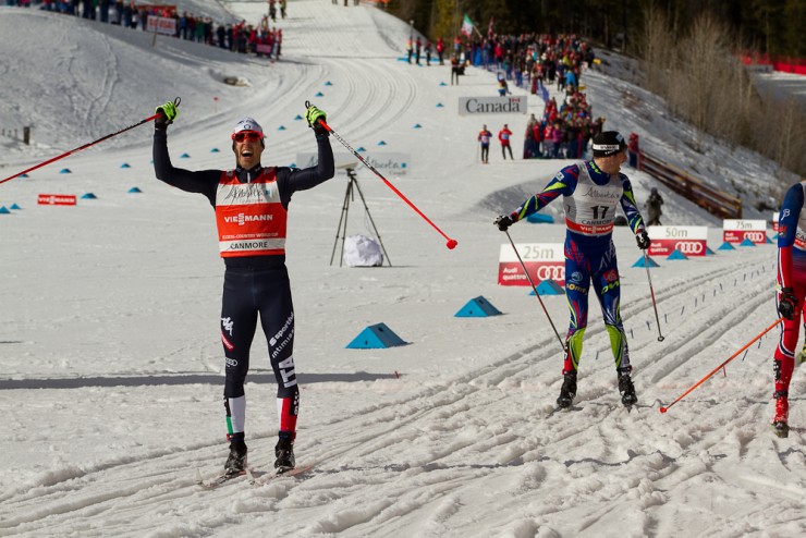 Italy's Federico Pellegrino celebrates his first-ever World Cup classic sprint victory, ahead of Norway's Eirik Brandsdal (r) and France's Maurice Manificat, the latter of which reached his first sprint final on Tuesday for third overall in Canmore, Alberta.